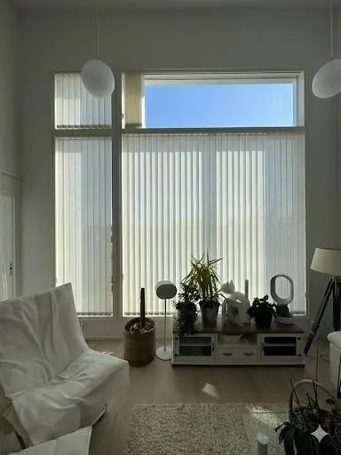 White vertical blinds across the lower sections of tall living-room windows